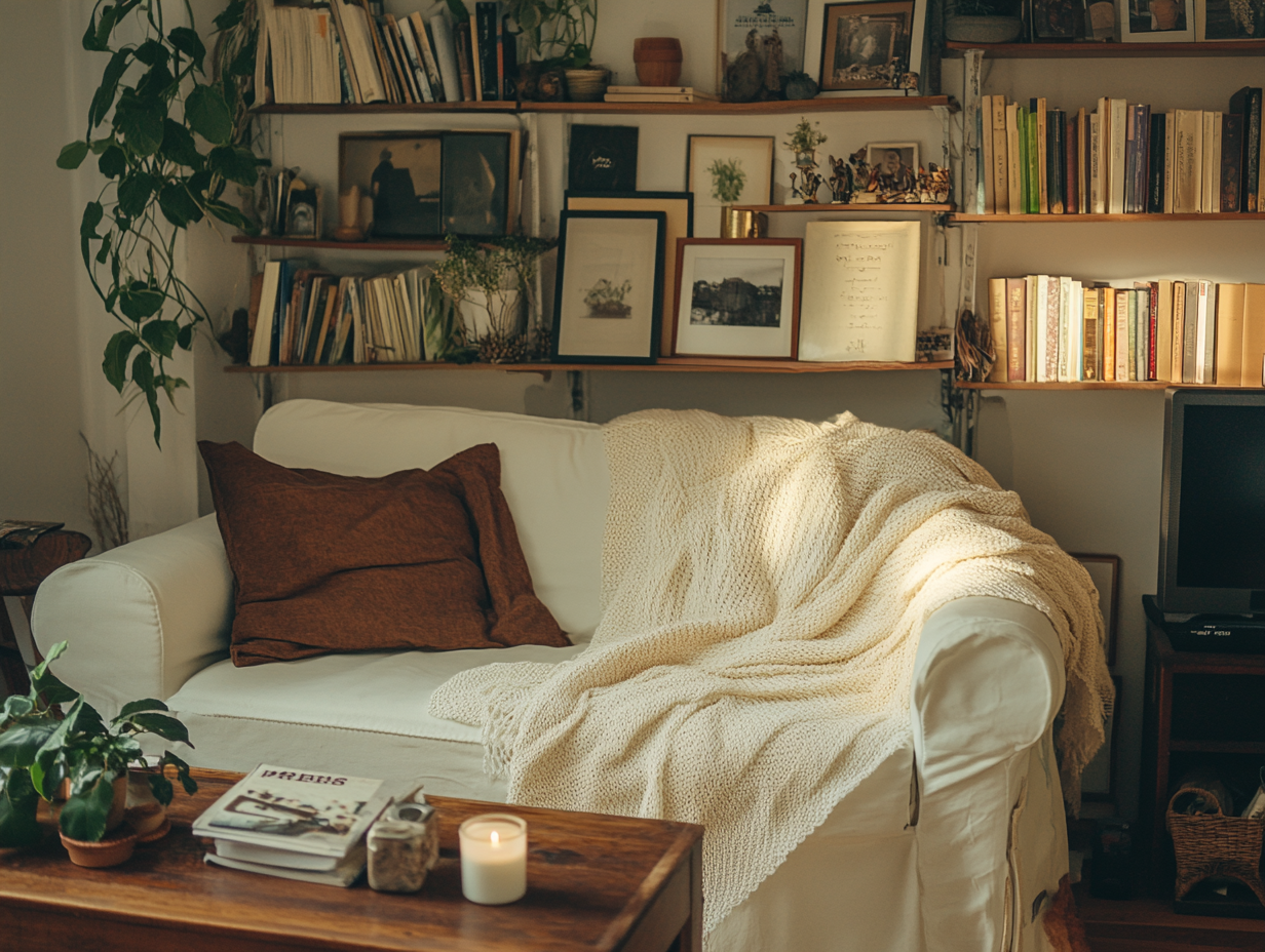 Cozy lived-in living room with plants and books
