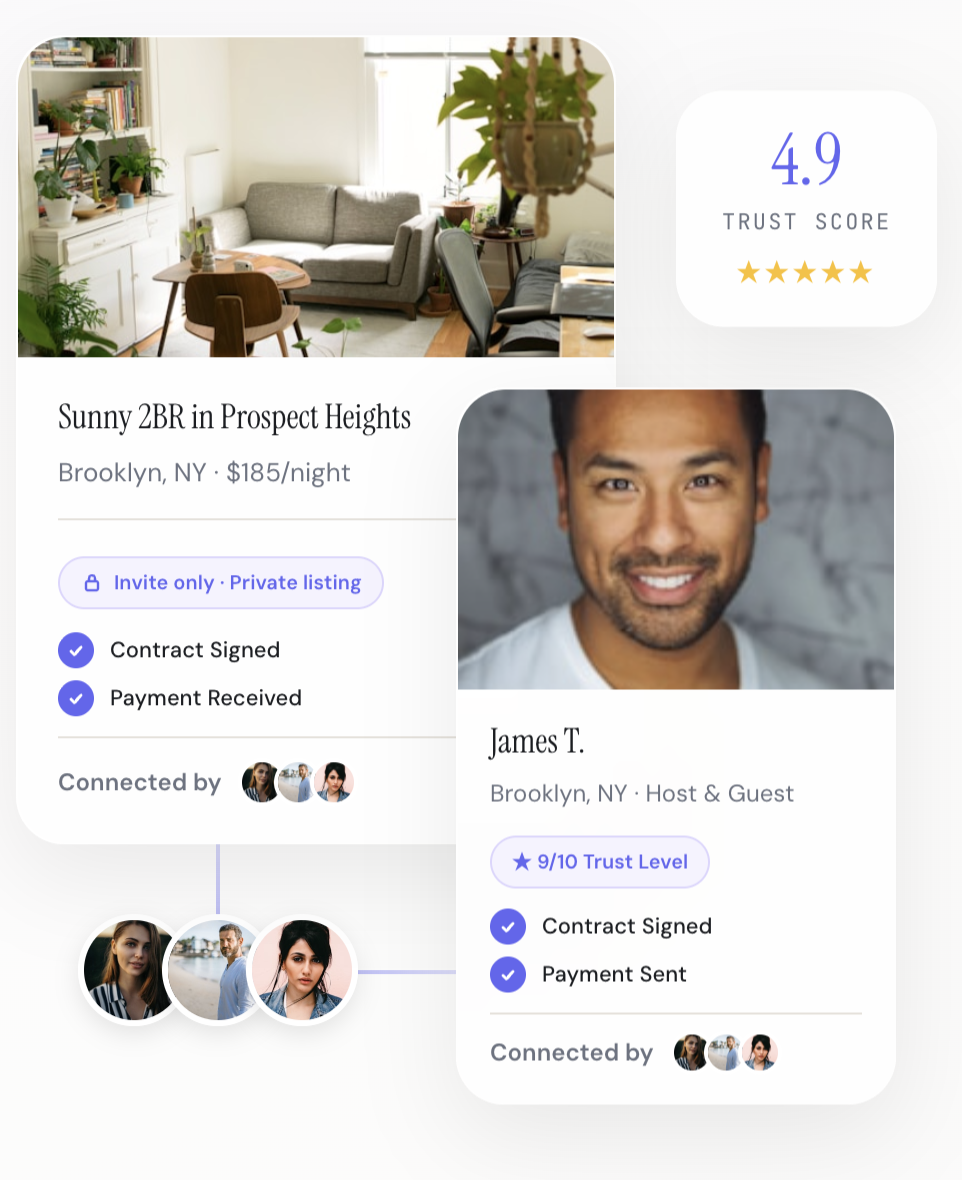 One Degree BNB listing and profile cards showing trust connections
