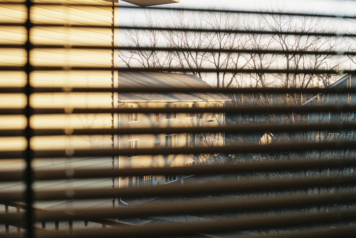 View through window blinds at neighbors